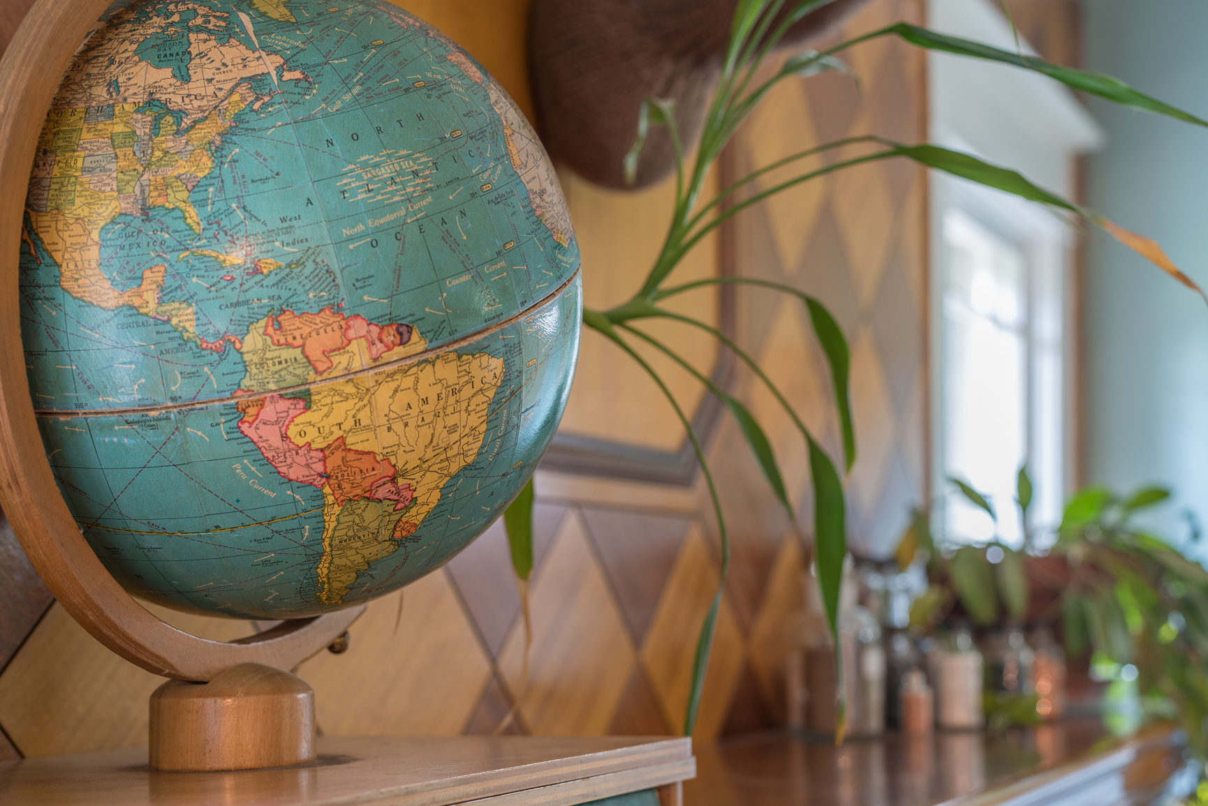 An old globe featuring South America is in the foreground with a stylish, two-toned paneled wall and plants artfully blurred in the background